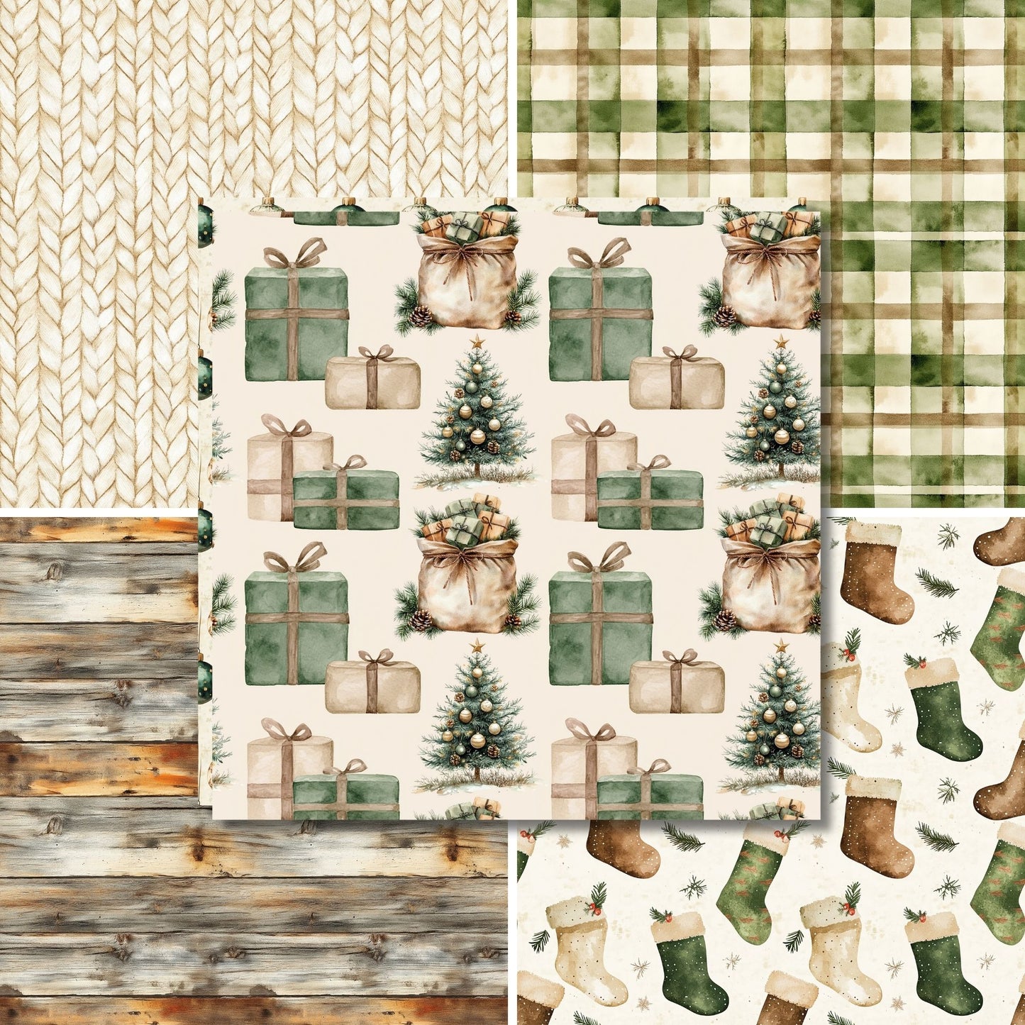 Beige Green Christmas - 12X12 Scrapbook Paper Pack - 25-8338