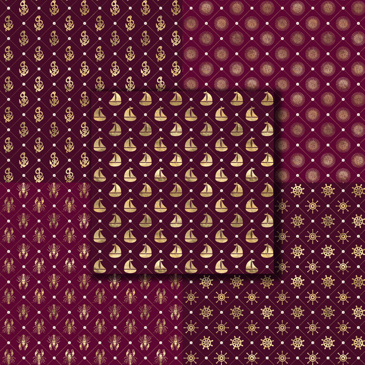 Burgundy Gold Nautical 12x12 Paper Pack - 8738