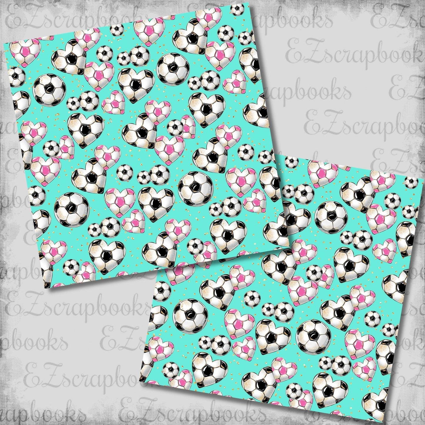 Heart Soccer Balls Aqua - 12x12 Scrapbook Papers - 26-293