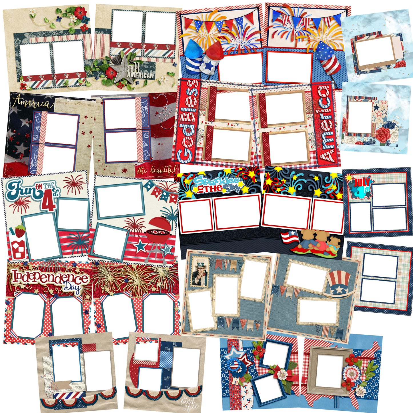 4th of July Collection 1 - Digital Bundle - 24 Digital Scrapbook Pages - INSTANT DOWNLOAD - EZscrapbooks Scrapbook Layouts Digital Bundle, July 4th - Patriotic