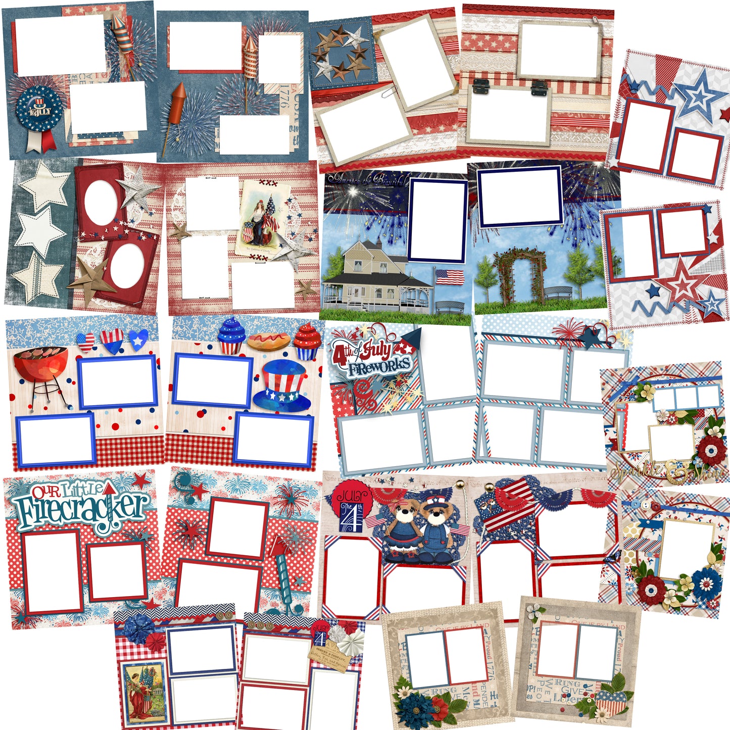 4th of July Collection 2 - Digital Bundle - 24 Digital Scrapbook Pages - INSTANT DOWNLOAD - EZscrapbooks Scrapbook Layouts Digital Bundle, July 4th - Patriotic