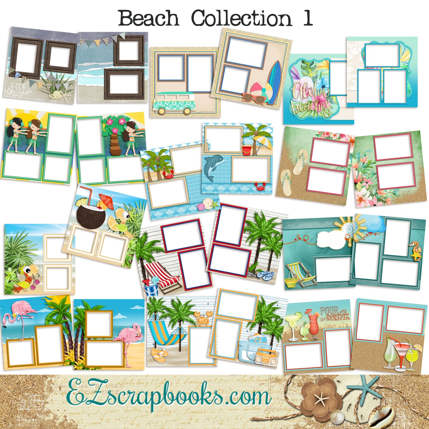 Beach Collection 1 - Digital Bundle - 24 Digital Scrapbook Pages - INSTANT DOWNLOAD - EZscrapbooks Scrapbook Layouts Beach - Tropical, Digital Bundle
