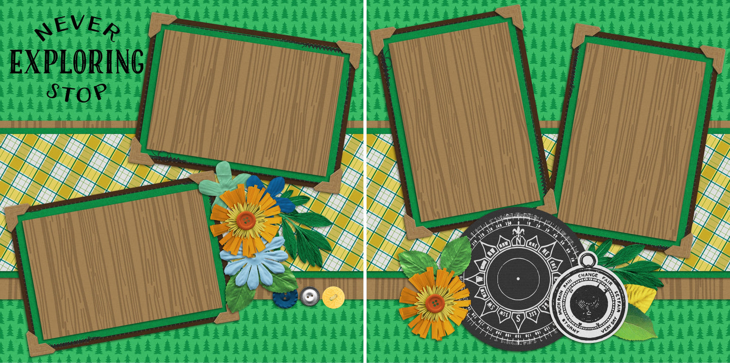 Never Stop Exploring - 327 - EZscrapbooks Scrapbook Layouts Camping - Hiking, Hunting - Fishing