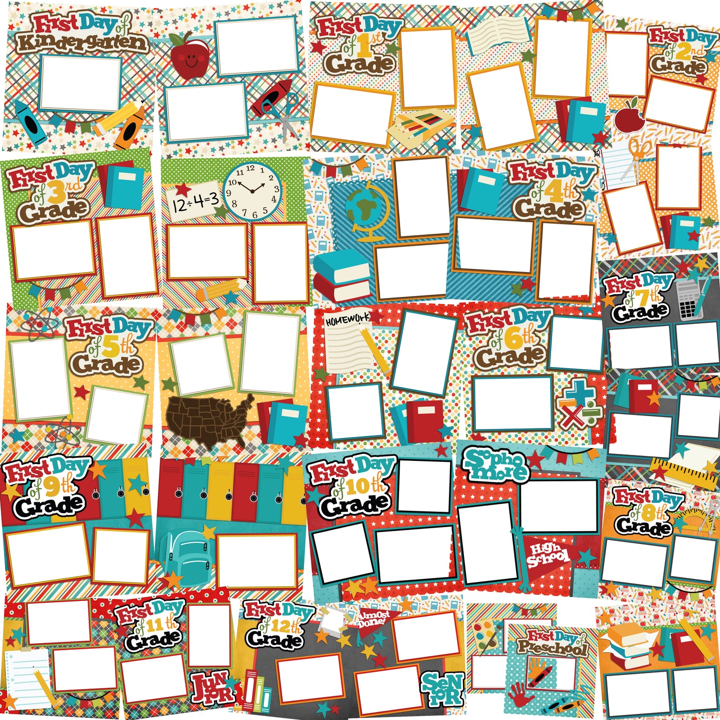School Collection - 1 - Digital Bundle - 24 Digital Scrapbook Pages - INSTANT DOWNLOAD - EZscrapbooks Scrapbook Layouts Digital Bundle, School