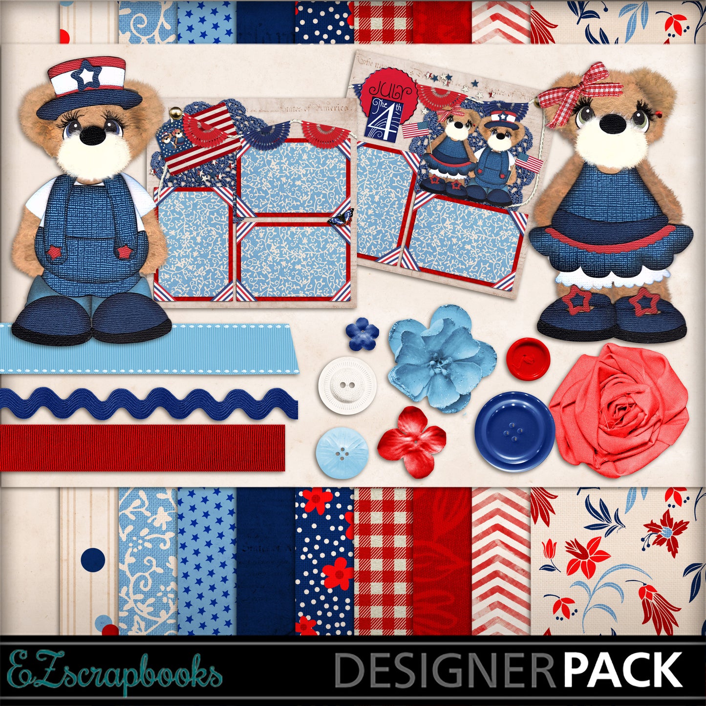 4th of July Tear Bear Digital Kit - INSTANT DOWNLOAD - EZscrapbooks Scrapbook Layouts July 4th - Patriotic, Kits