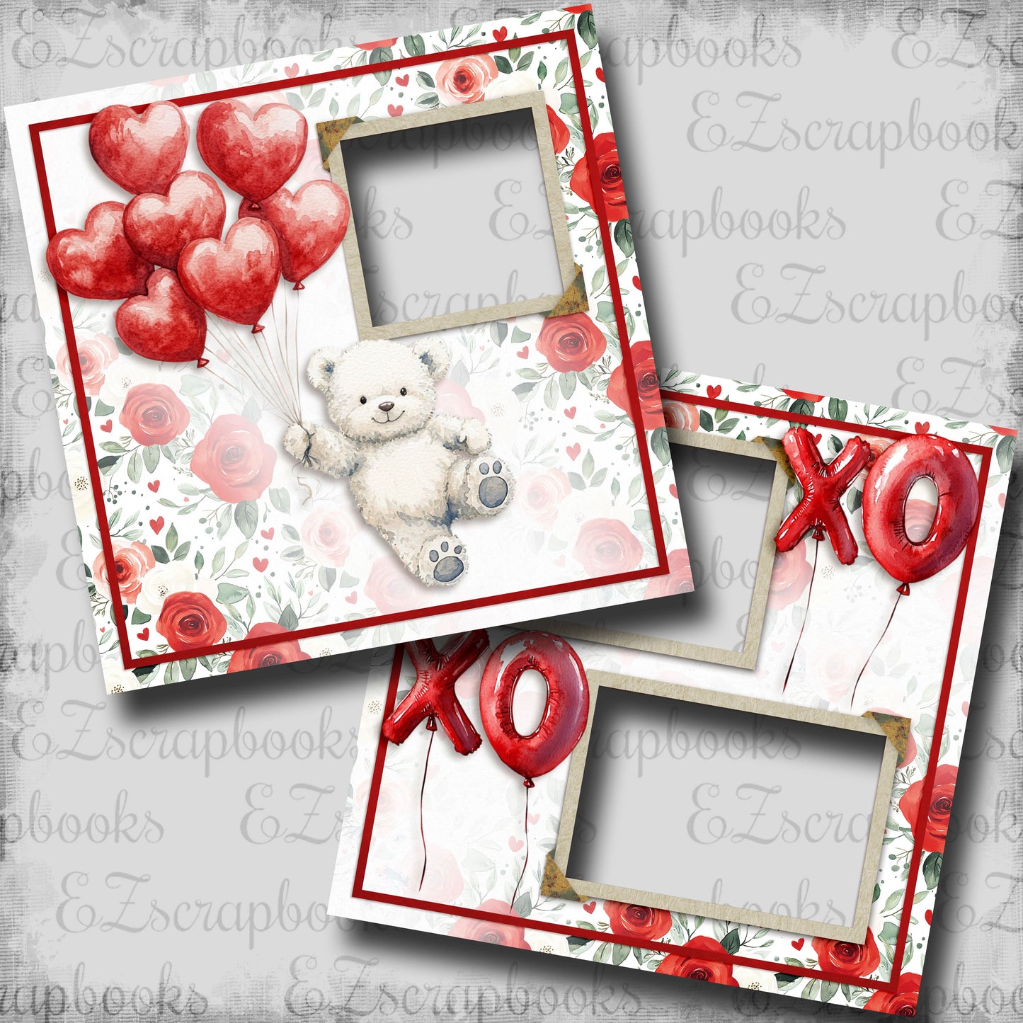 Valentine Balloon Bear - EZ Digital Scrapbook Pages - INSTANT DOWNLOAD