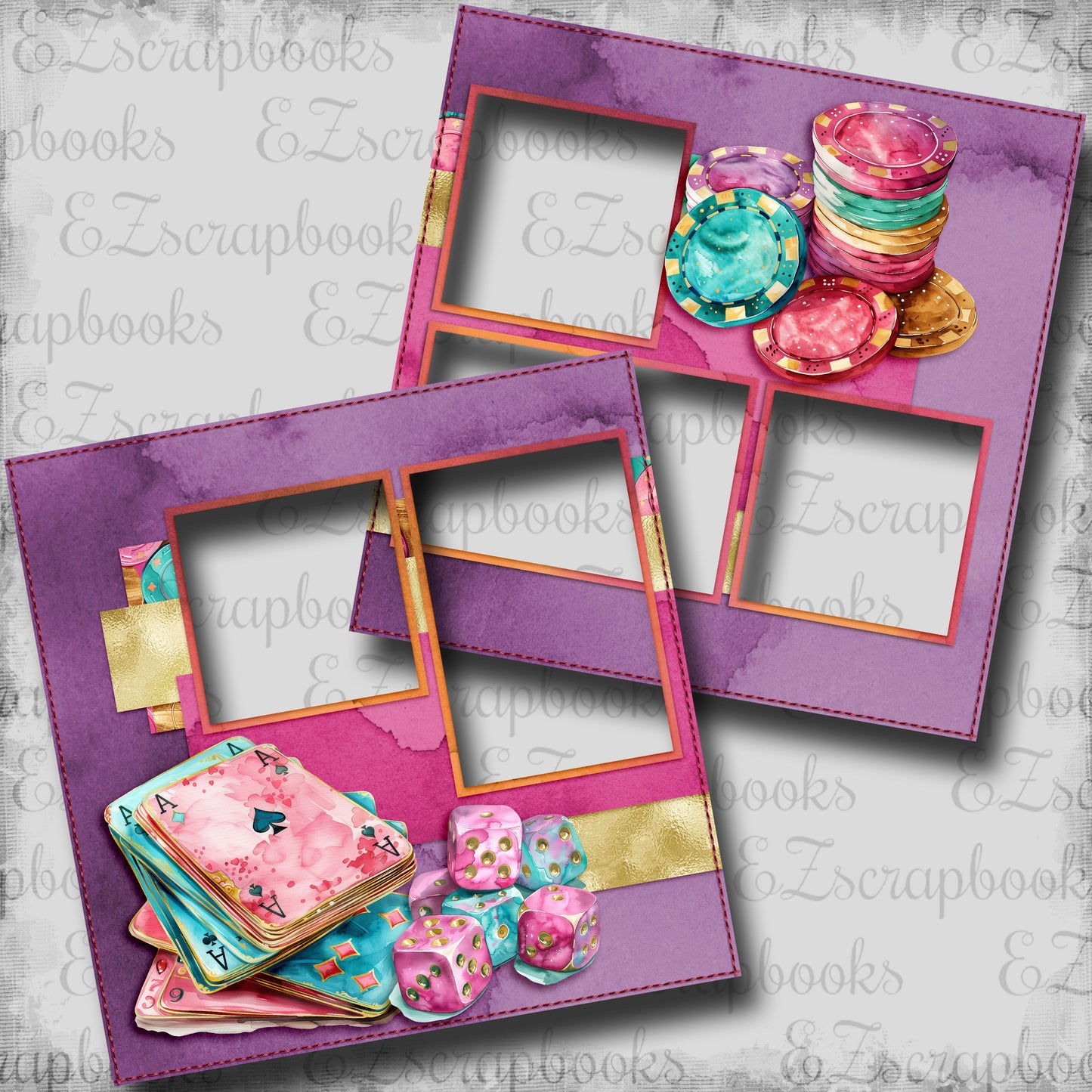 Pink Cards & Chips Vegas - EZ Digital Scrapbook Pages - INSTANT DOWNLOAD