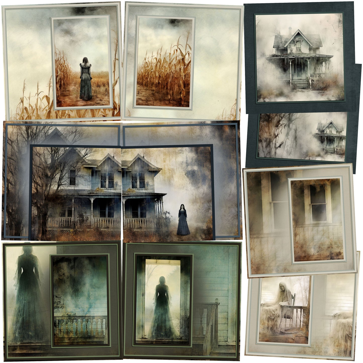 Creepy Farmhouse Background Pages - Set of 5 Double Page Layouts - 1797