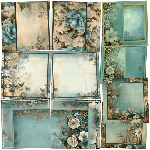 Blue Floral Background Pages - Set of 5 Double Page Layouts - 1800