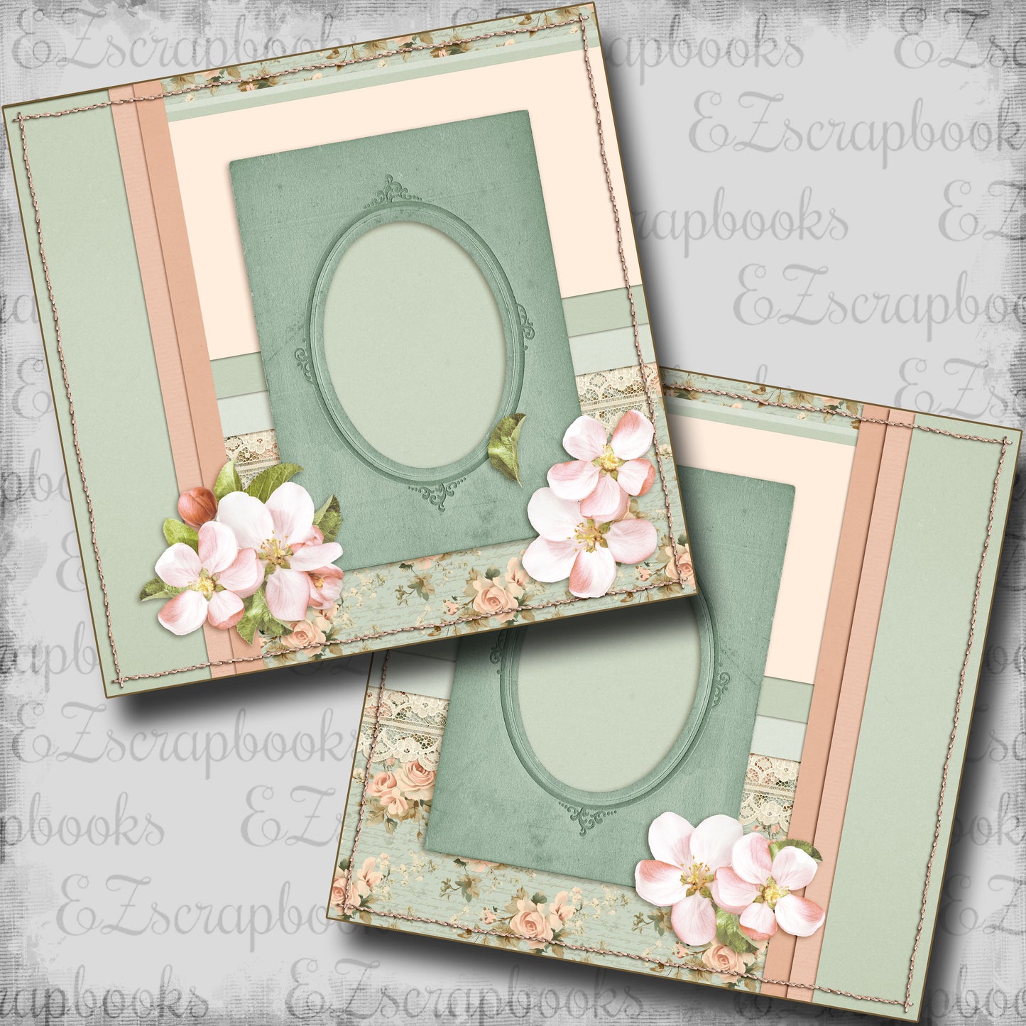 Floral & Lace Peachy Green - Scrapbook Layout - 25-566