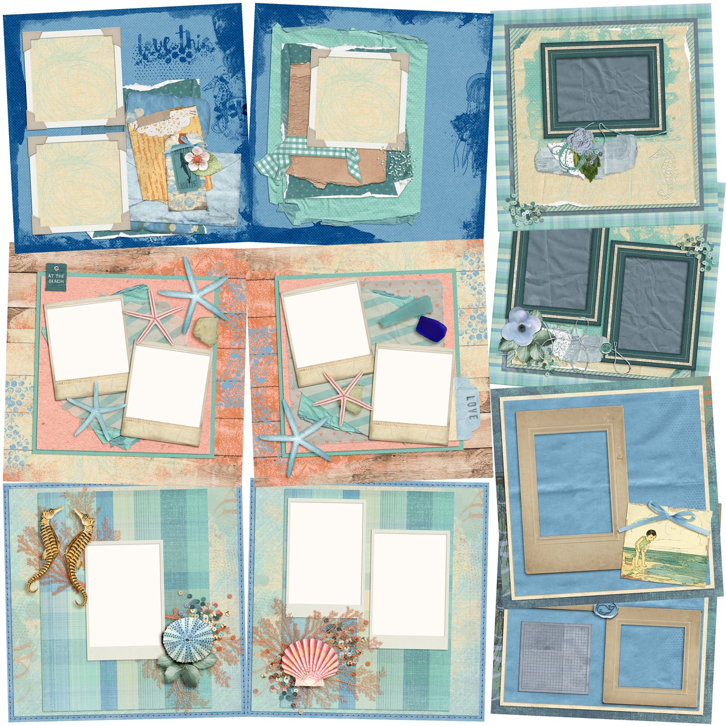 Beachy - Set of 5 Double Page Scrapbook Layouts - 1986