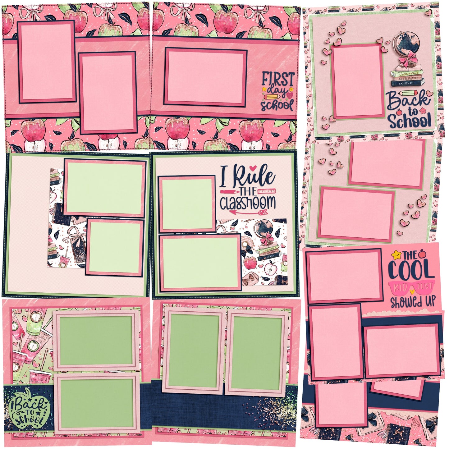 Back to School Pink - Set of 5 Double Page Scrapbook Layouts - 1998