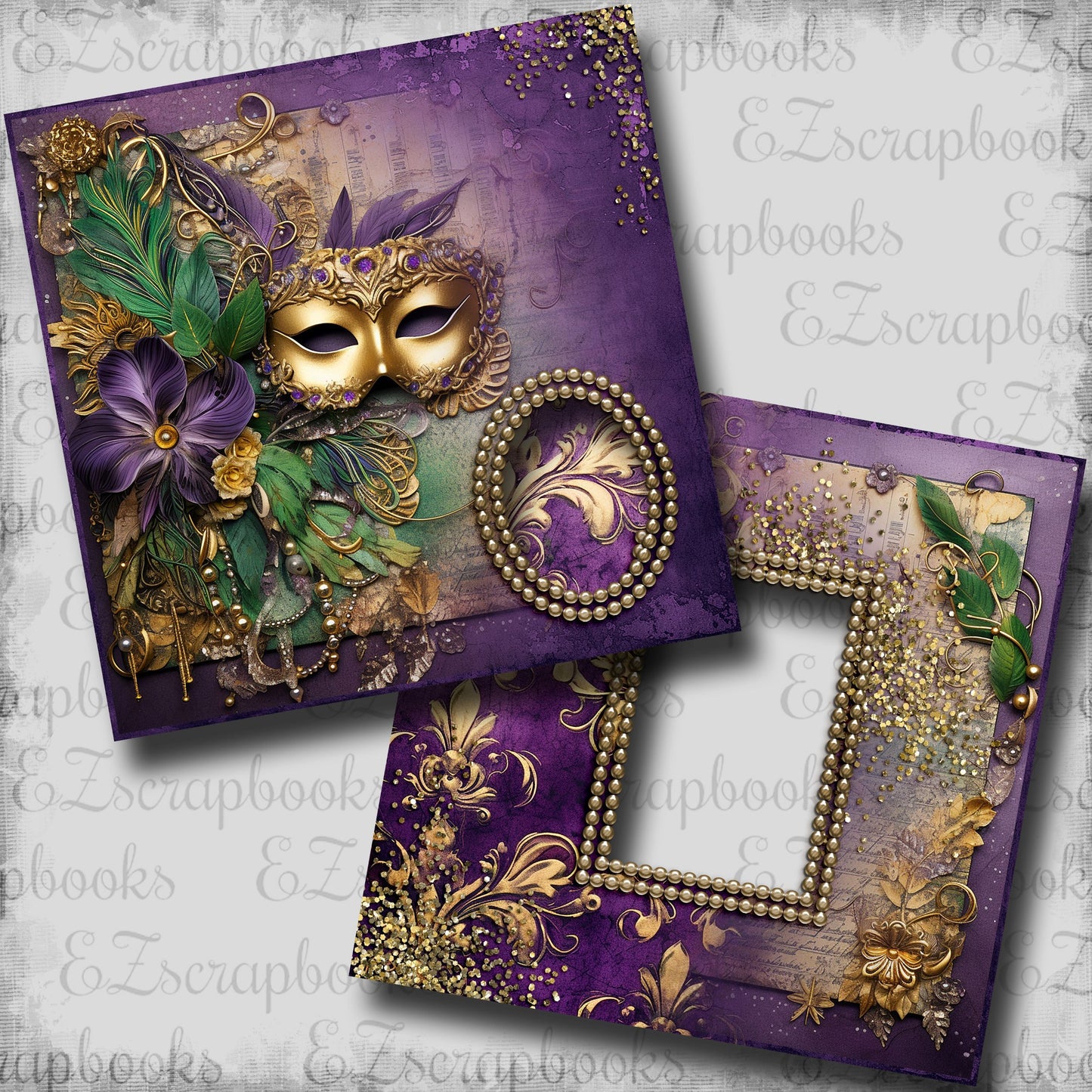 Mardi Gras Time Mask Glitter - EZ Digital Scrapbook Pages - INSTANT DOWNLOAD