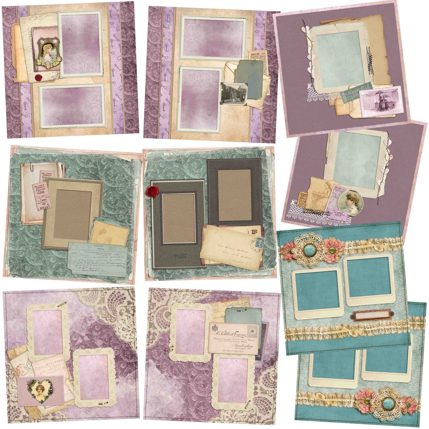 Vintage Lavender & Lace - Set of 5 Double Page Layouts - 1532