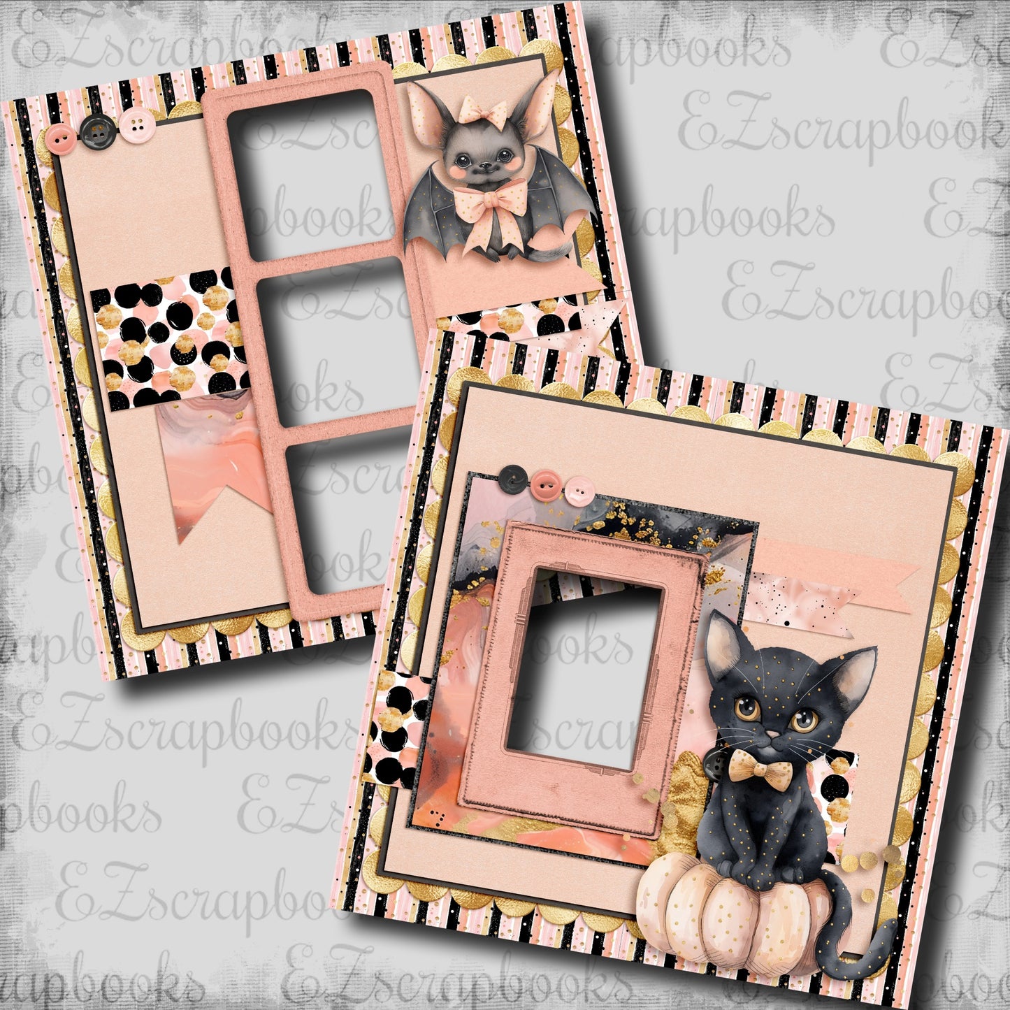 Cute Pink Halloween Kitty - EZ Digital Scrapbook Pages - INSTANT DOWNLOAD