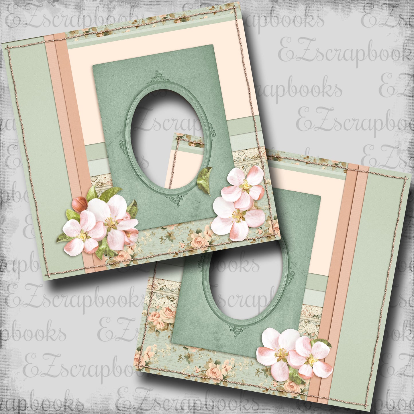 Floral & Lace Peachy Green - EZ Digital Scrapbook Pages - INSTANT DOWNLOAD
