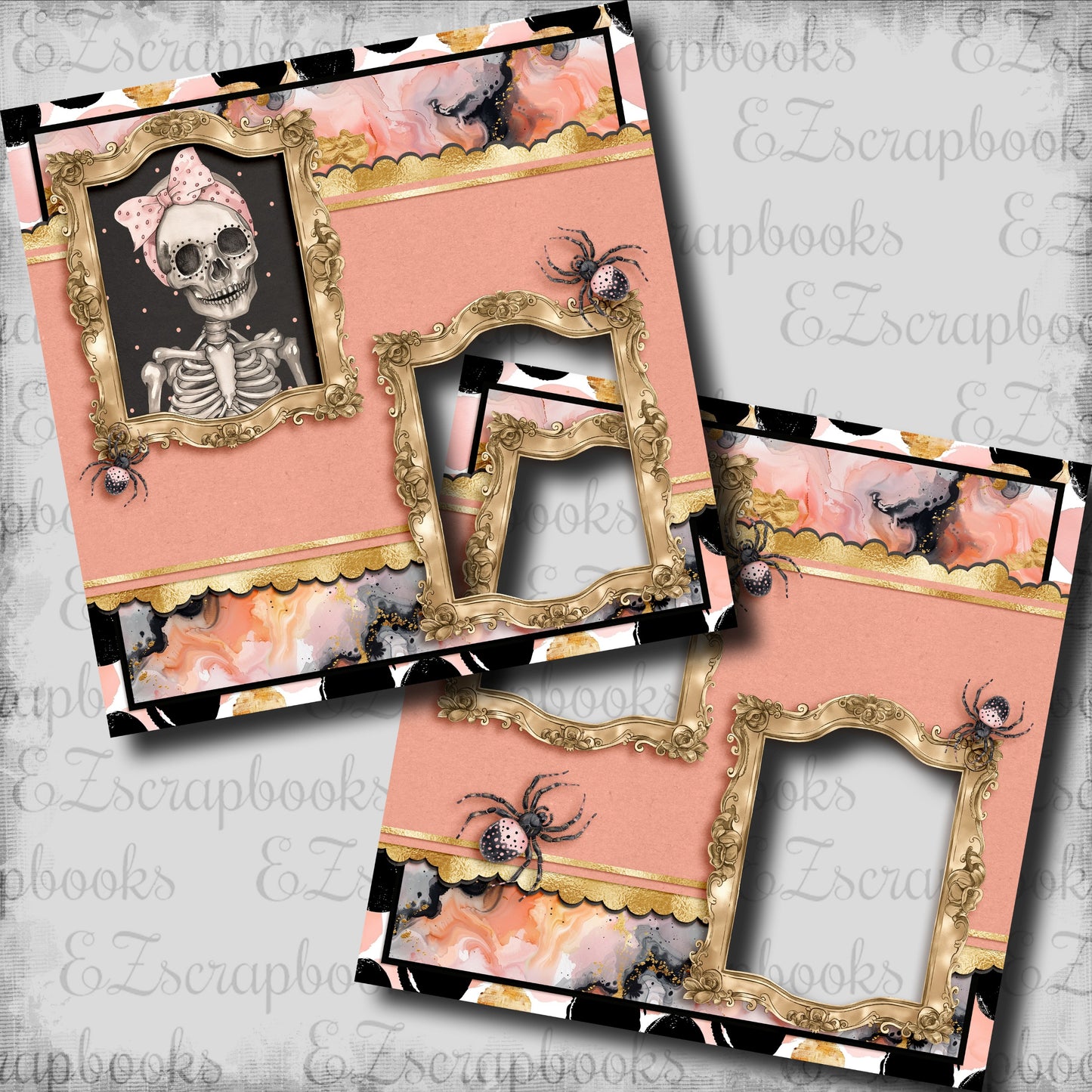 Cute Pink Halloween Skeleton - EZ Digital Scrapbook Pages - INSTANT DOWNLOAD