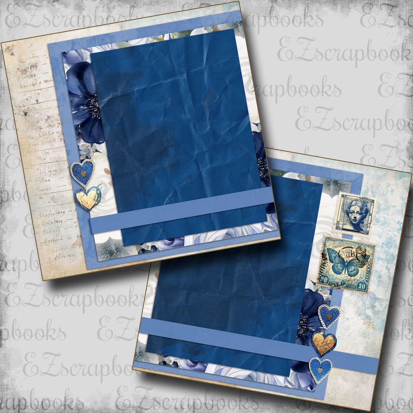 Beautiful Blues Hearts NPM - Scrapbook Layout - 24-689