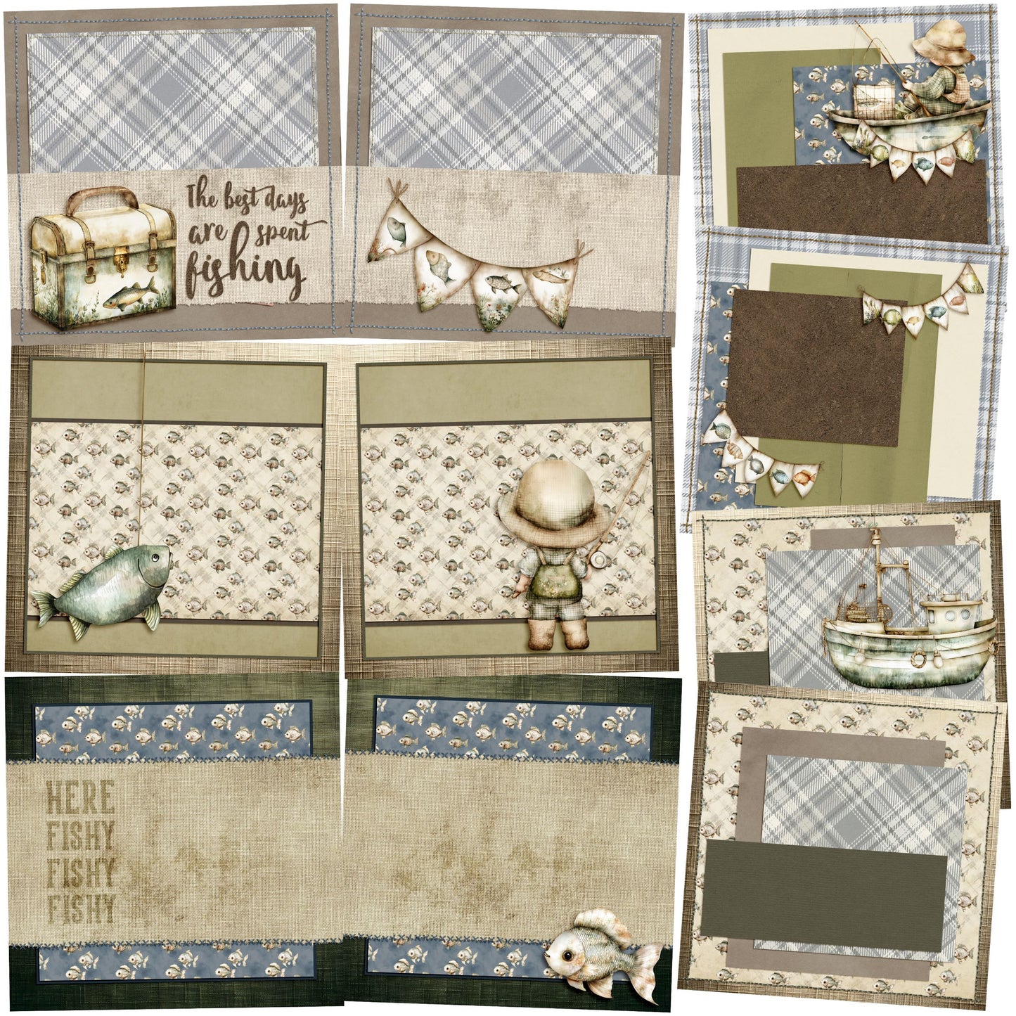 Cute Fisherman EZ Background Pages -  Digital Bundle - 10 Digital Scrapbook Pages - INSTANT DOWNLOAD