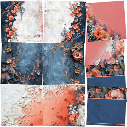 Navy Peach Distressed NPM - Set of 5 Double Page Scrapbook Layouts - 25-1041