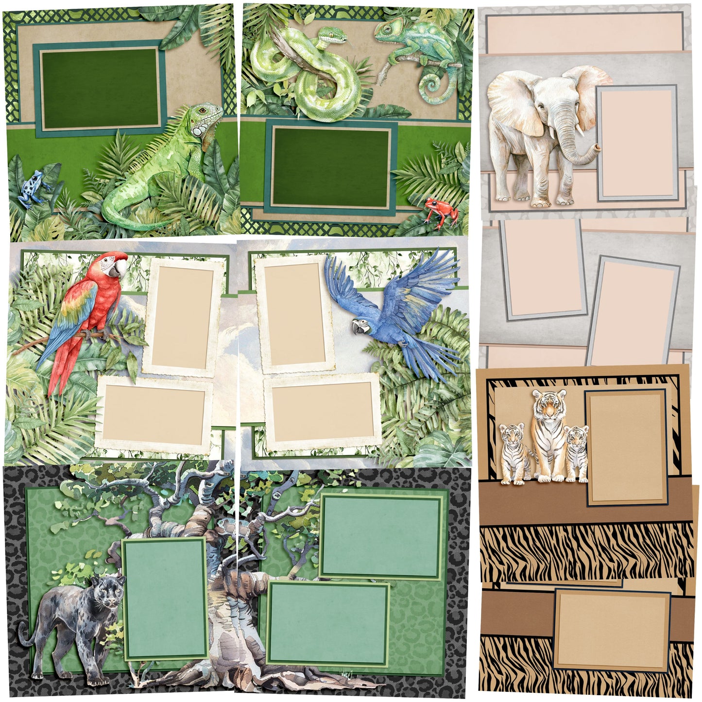 Jungle Animals - Set of 5 Double Page Scrapbook Layouts - 25-1044