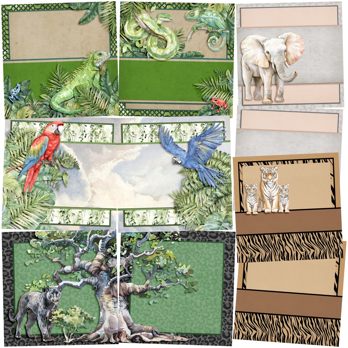 Jungle Animals EZ Background Pages -  Digital Bundle - 10 Digital Scrapbook Pages - INSTANT DOWNLOAD