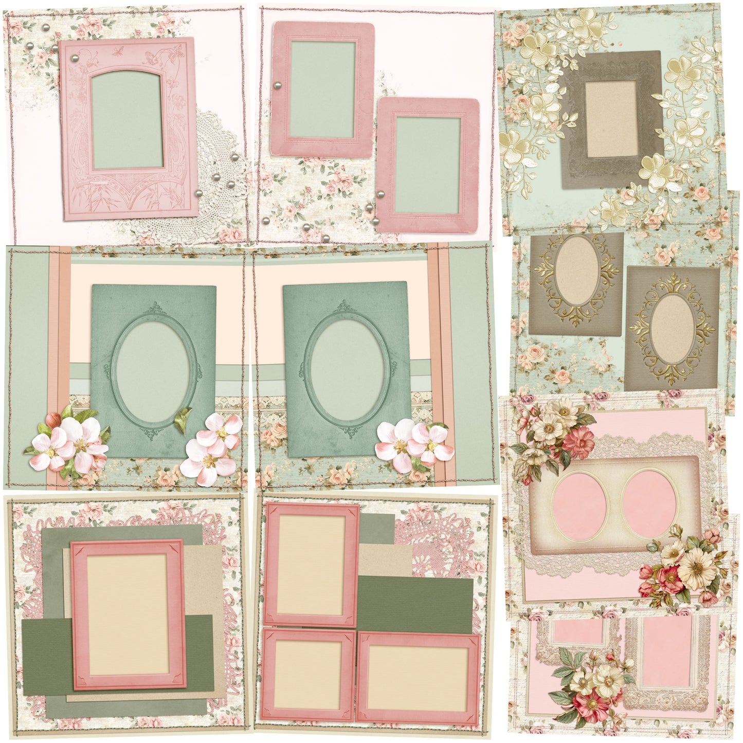 Floral & Lace - Set of 5 Double Page Scrapbook Layouts - 25-1054