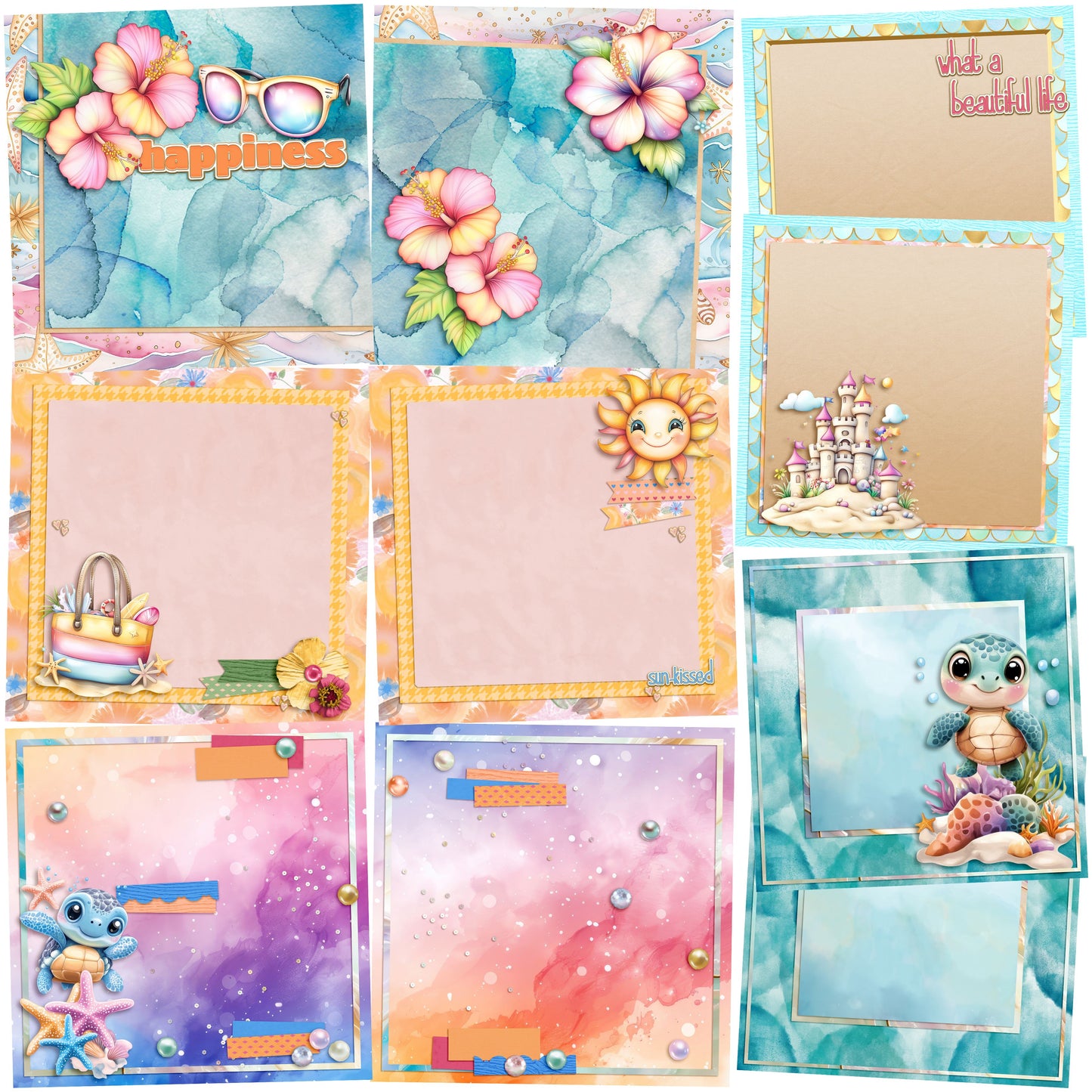 Summer Happiness EZ Background Pages -  Digital Bundle - 10 Digital Scrapbook Pages - INSTANT DOWNLOAD