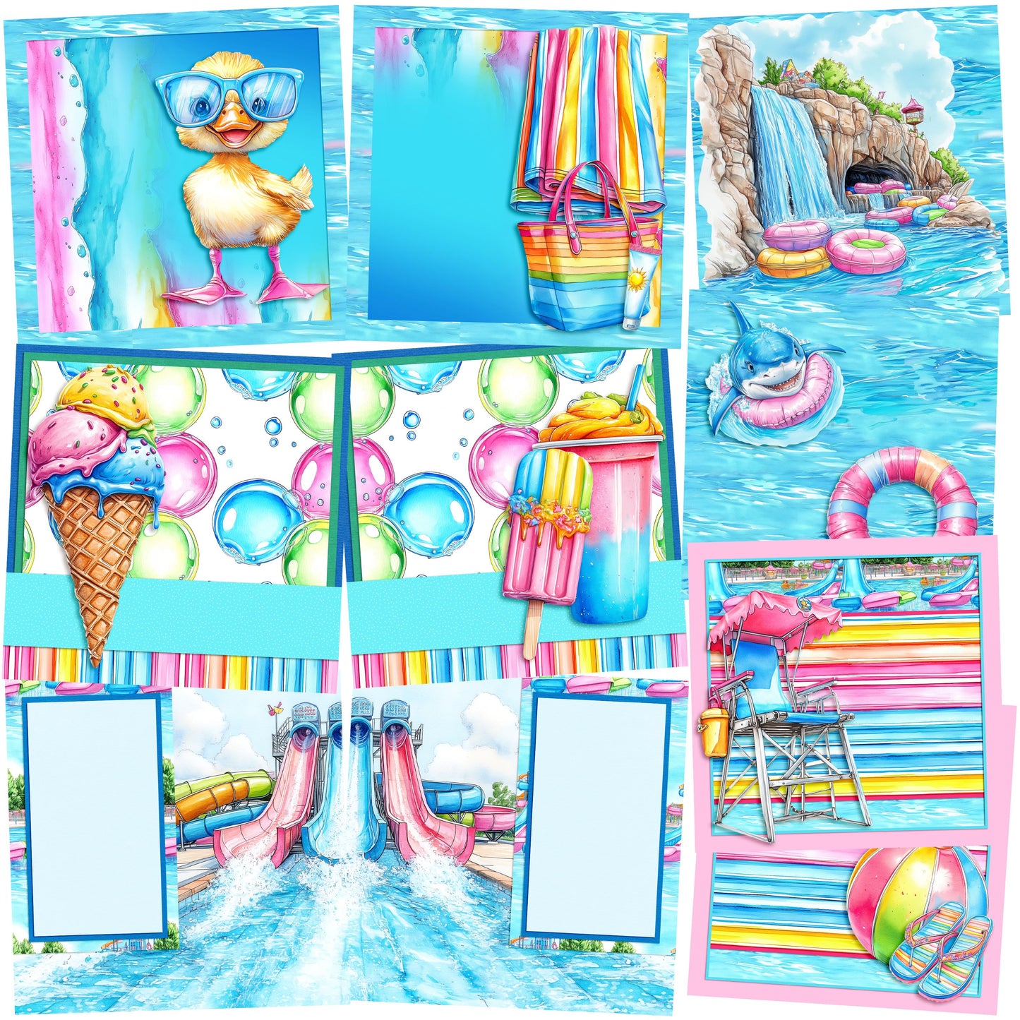 Waterpark EZ Background Pages -  Digital Bundle - 10 Digital Scrapbook Pages - INSTANT DOWNLOAD