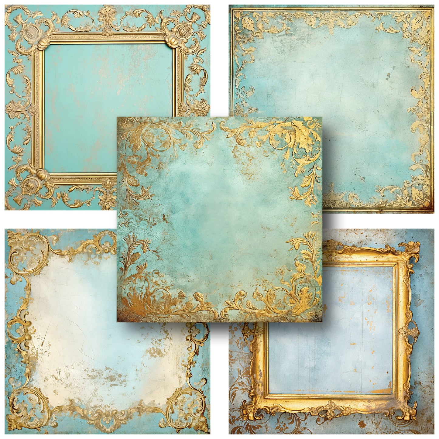 Gold Blue Baroque Frames - 12X12 Scrapbook Paper Pack - 25-8220