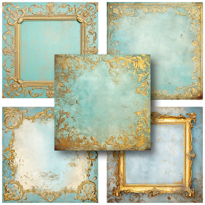 Gold Blue Baroque Frames - 12X12 Scrapbook Paper Pack - 25-8220