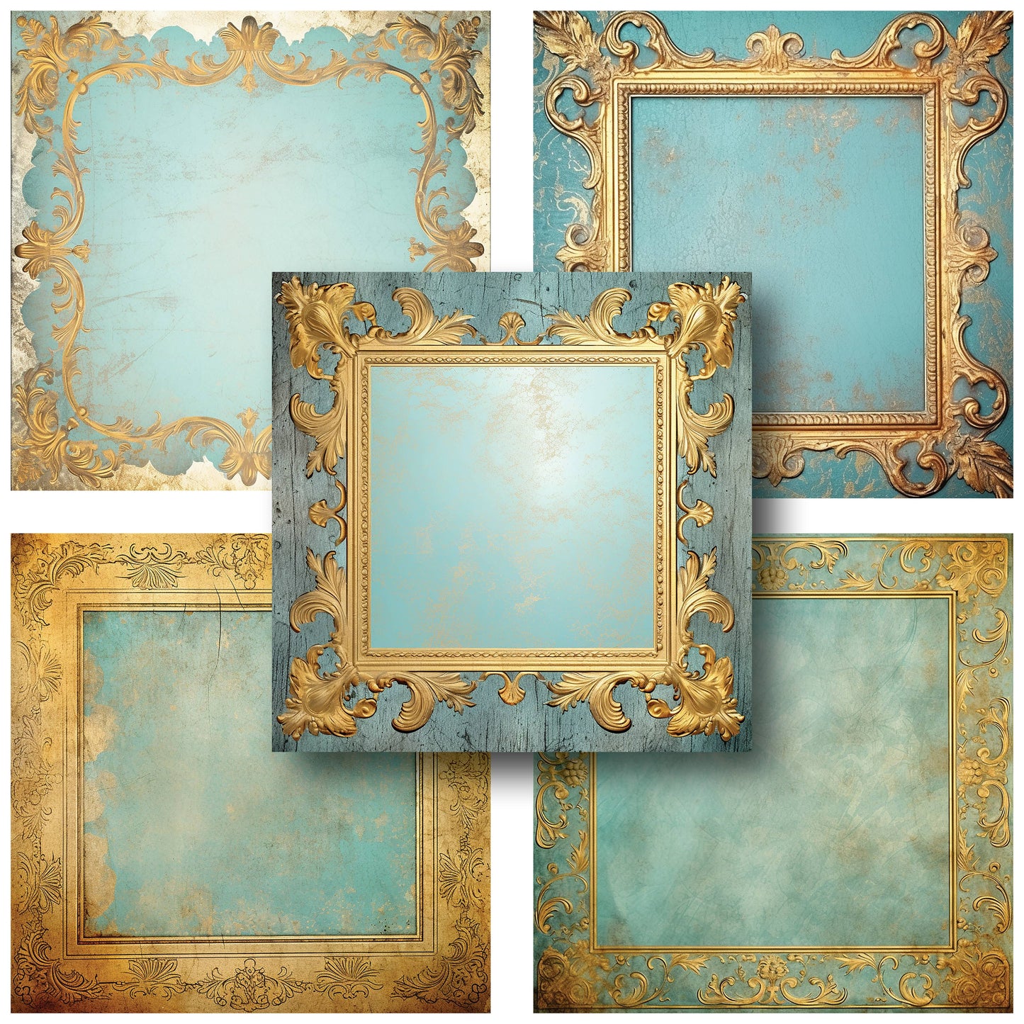 Gold Blue Baroque Frames - 12X12 Scrapbook Paper Pack - 25-8220