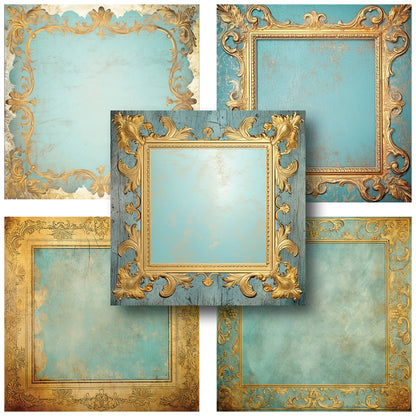 Gold Blue Baroque Frames - 12X12 Scrapbook Paper Pack - 25-8220