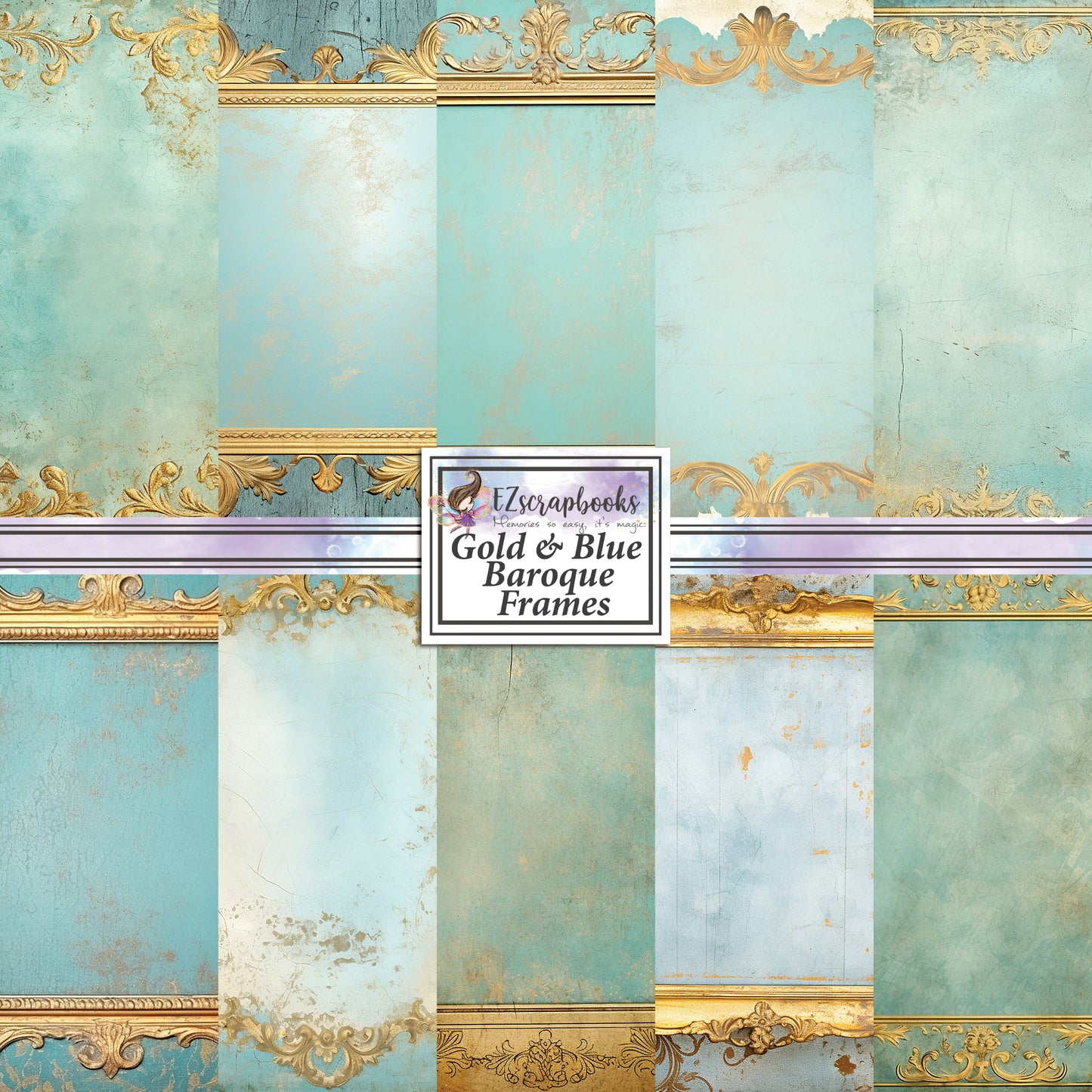 Gold Blue Baroque Frames - 12X12 Scrapbook Paper Pack - 25-8220