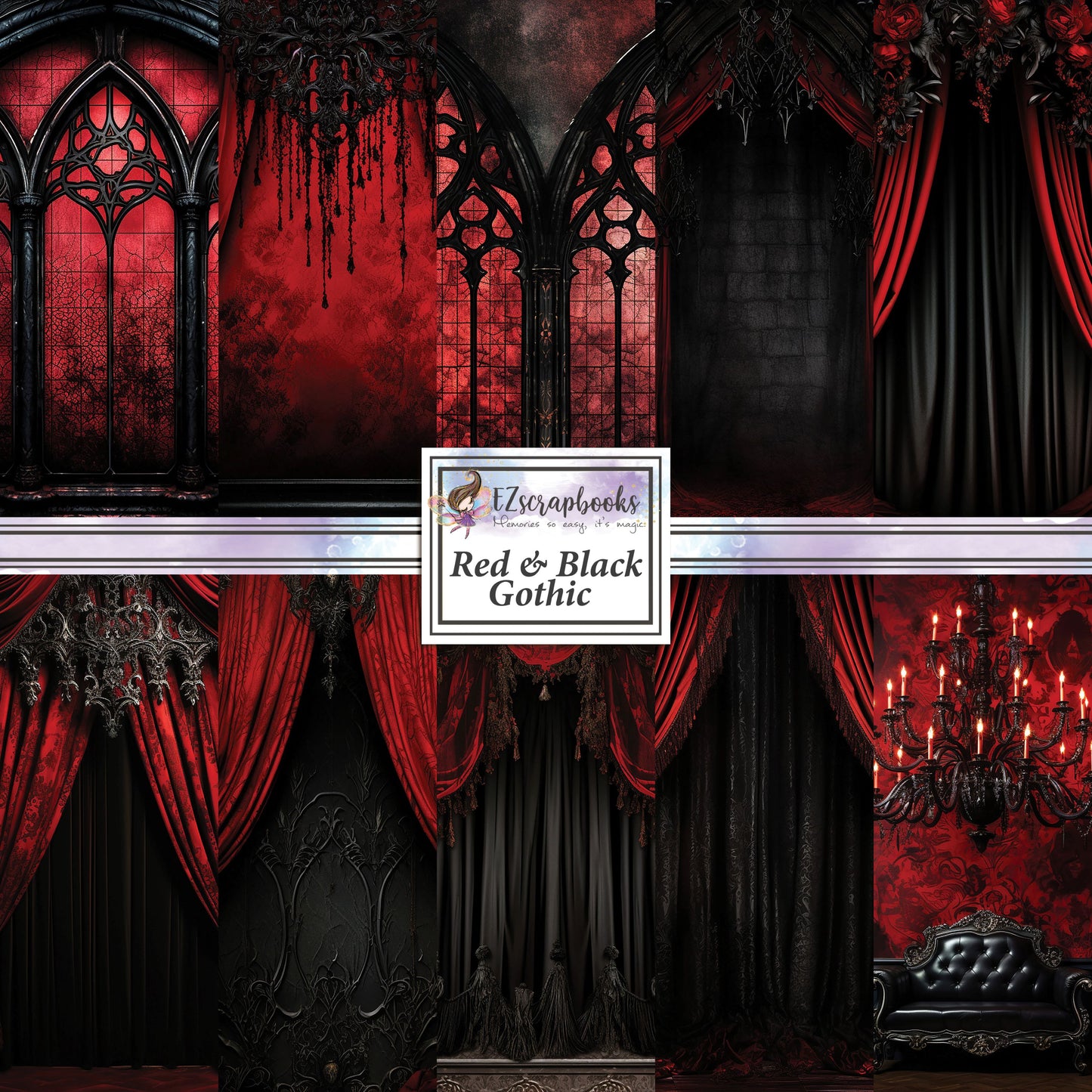 Black & Red Gothic Backgrounds - 12X12 Scrapbook Paper Pack - 25-8221