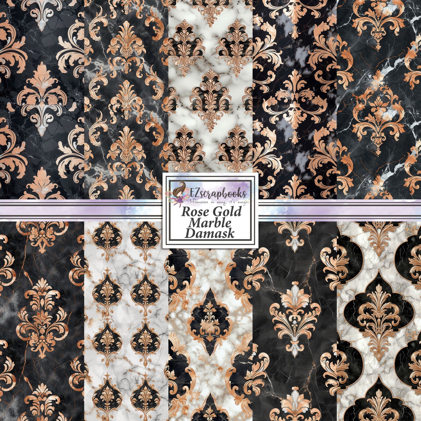 Rose Gold Marble Damask - 12X12 Scrapbook Paper Pack - 25-8228