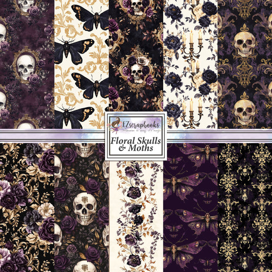 Floral Skulls & Moths - 12X12 Halloween Scrapbook Paper Pack - 25-8251