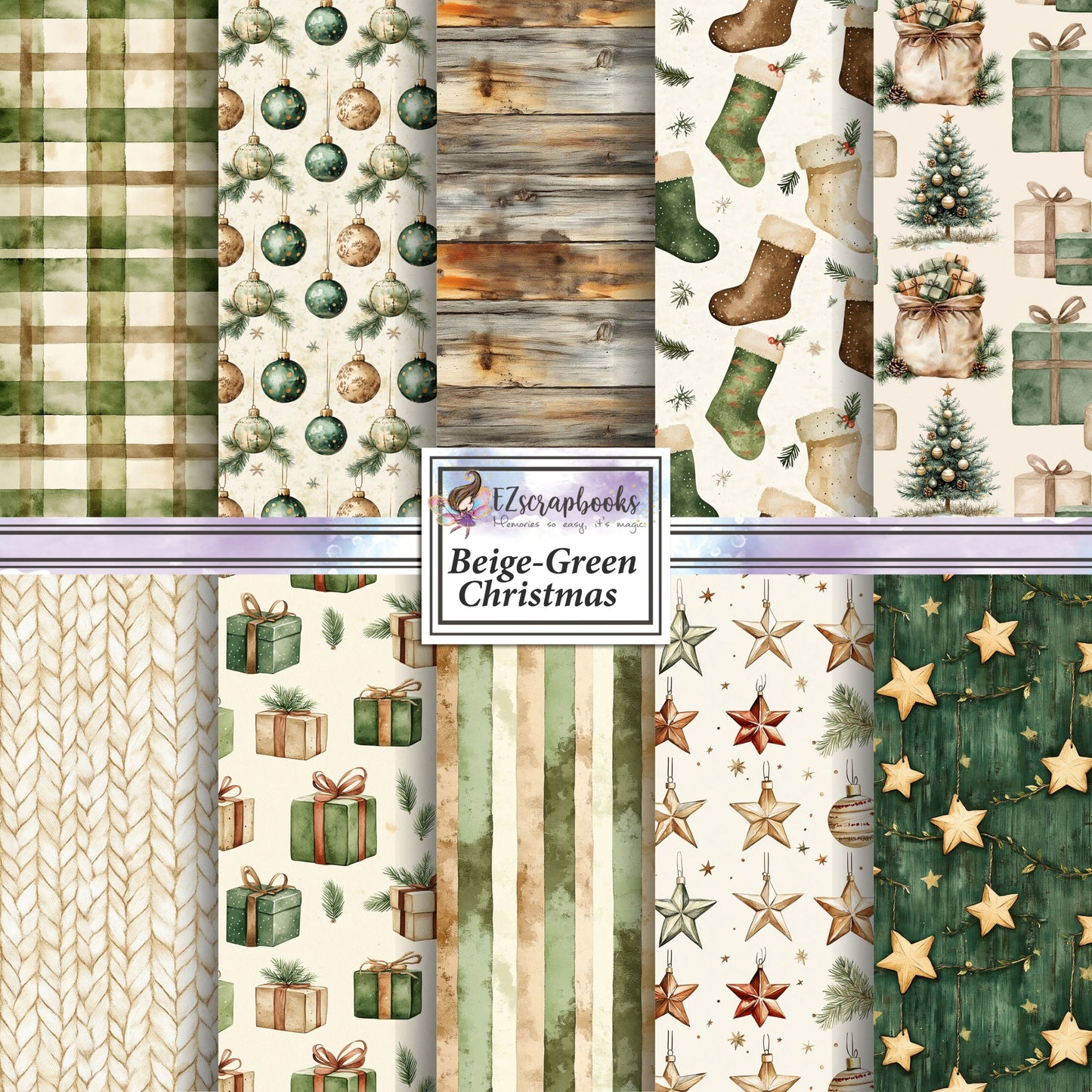 Beige Green Christmas - 12X12 Scrapbook Paper Pack - 25-8338
