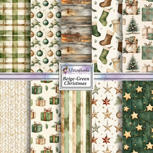 Beige Green Christmas - 12X12 Scrapbook Paper Pack - 25-8338