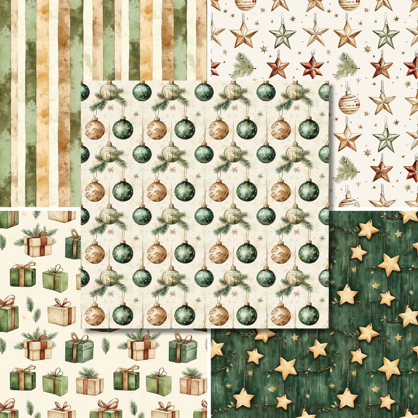 Beige Green Christmas - 12X12 Scrapbook Paper Pack - 25-8338