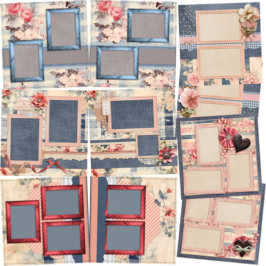 Pink Denim - Set of 5 Double Page Scrapbook Layouts - 26-1014