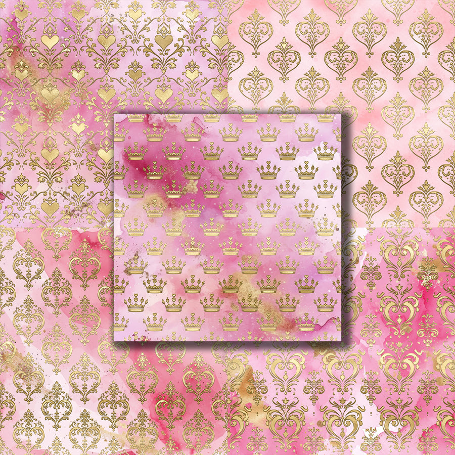 Pink Gold Heart Damask 12X12 Paper Pack - 8785