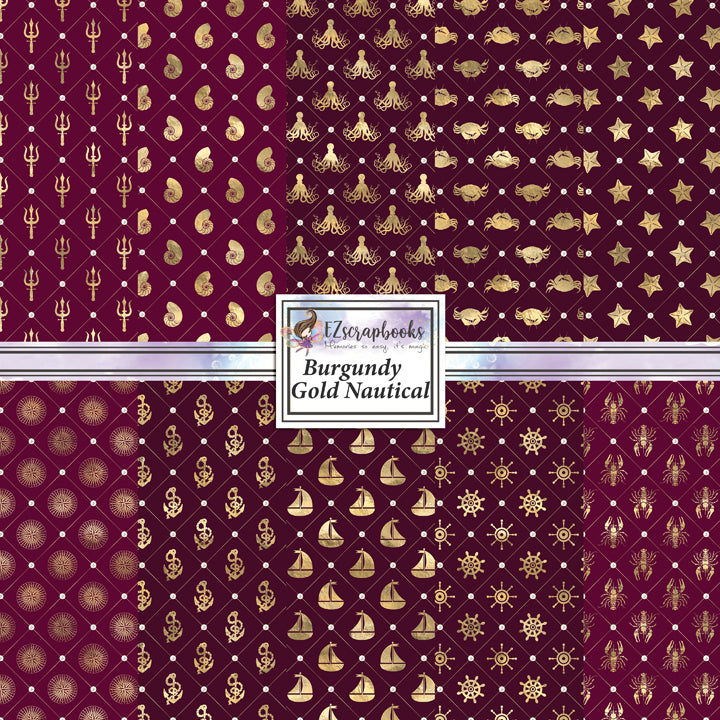 Burgundy Gold Nautical 12x12 Paper Pack - 8738