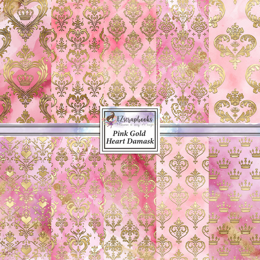 Pink Gold Heart Damask 12X12 Paper Pack - 8785