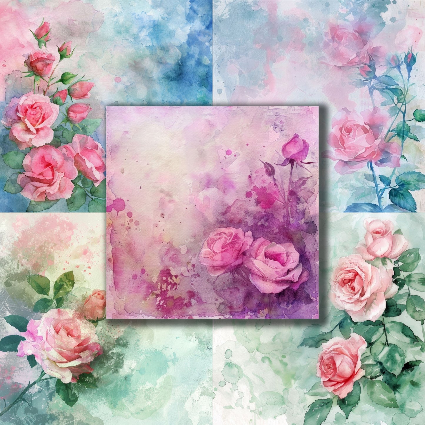 Watercolor Pink Roses - 12X12 Scrapbook Paper Pack - 8921