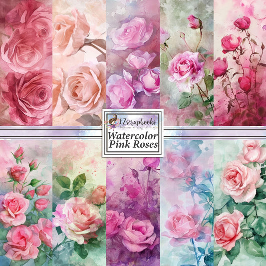 Watercolor Pink Roses - 12X12 Scrapbook Paper Pack - 8921