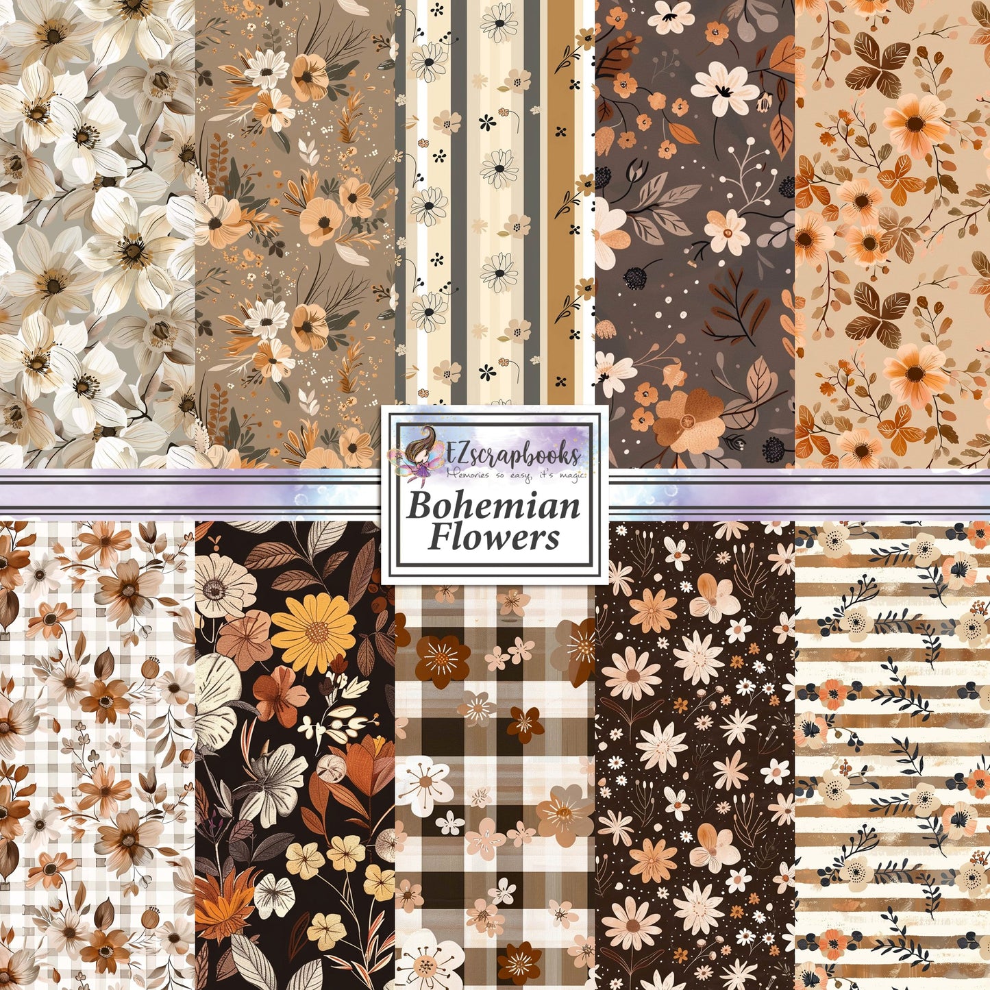 Bohemian Neutral Flowers - 12X12 Scrapbook Paper Pack - 8946