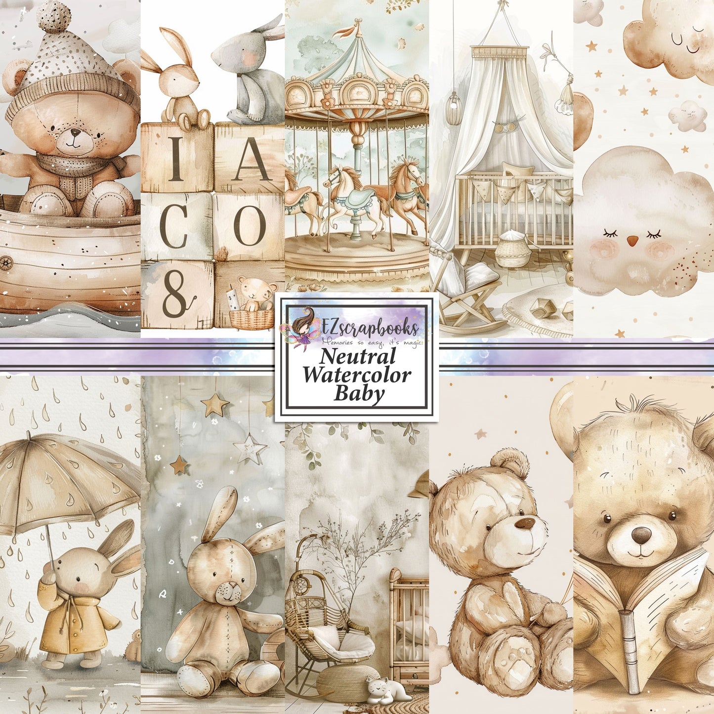 Neutral Watercolor Baby - 12X12 Scrapbook Paper Pack - 8993