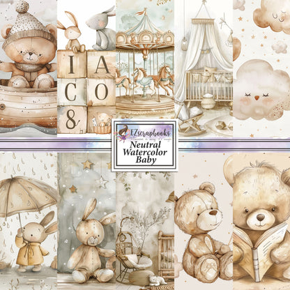 Neutral Watercolor Baby - 12X12 Scrapbook Paper Pack - 8993