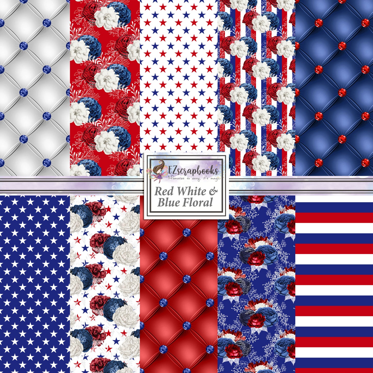 Red White & Blue Floral 12X12 Paper Pack - 8476